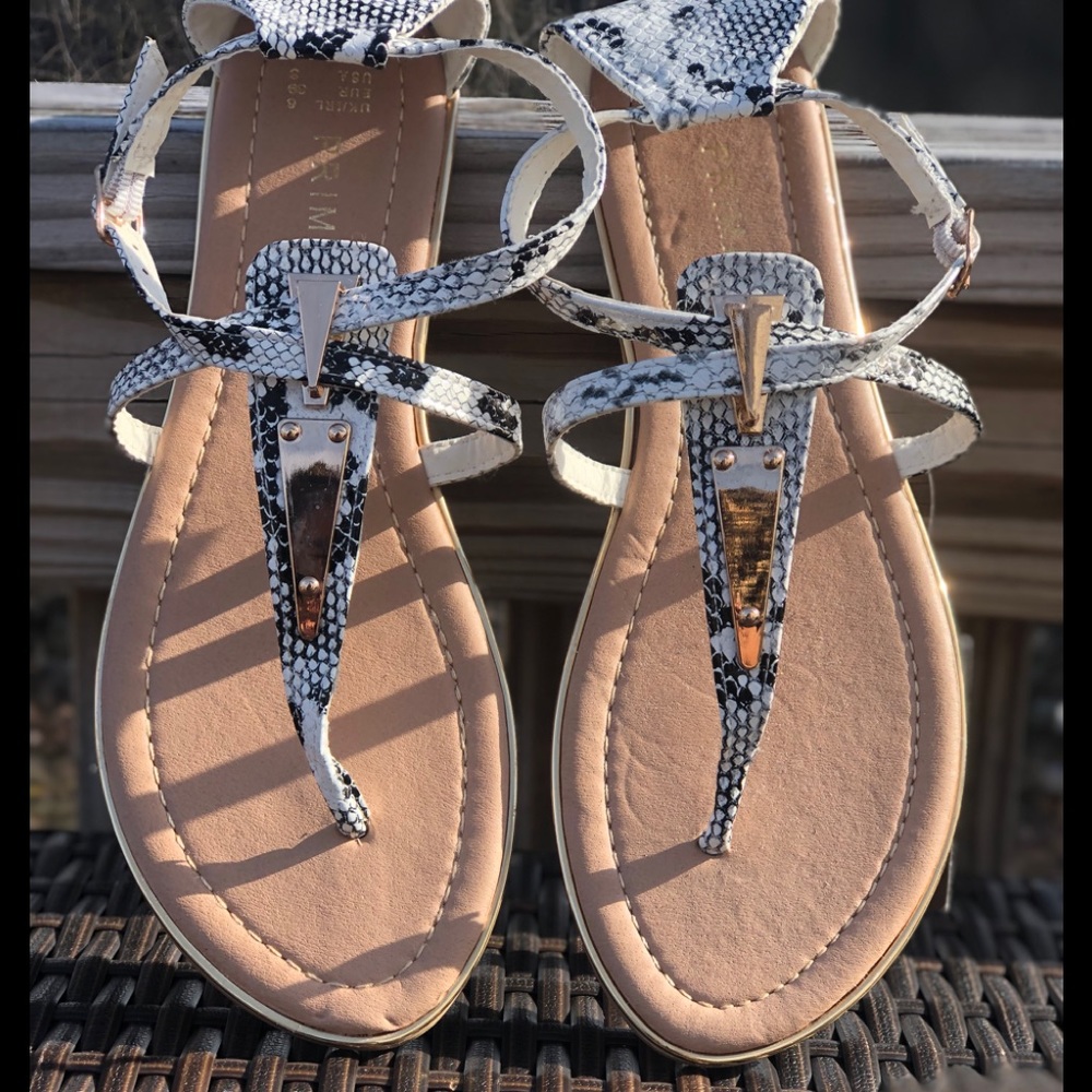 SNAKE SKIN THONG SANDALS AND GOLD ACCENTS